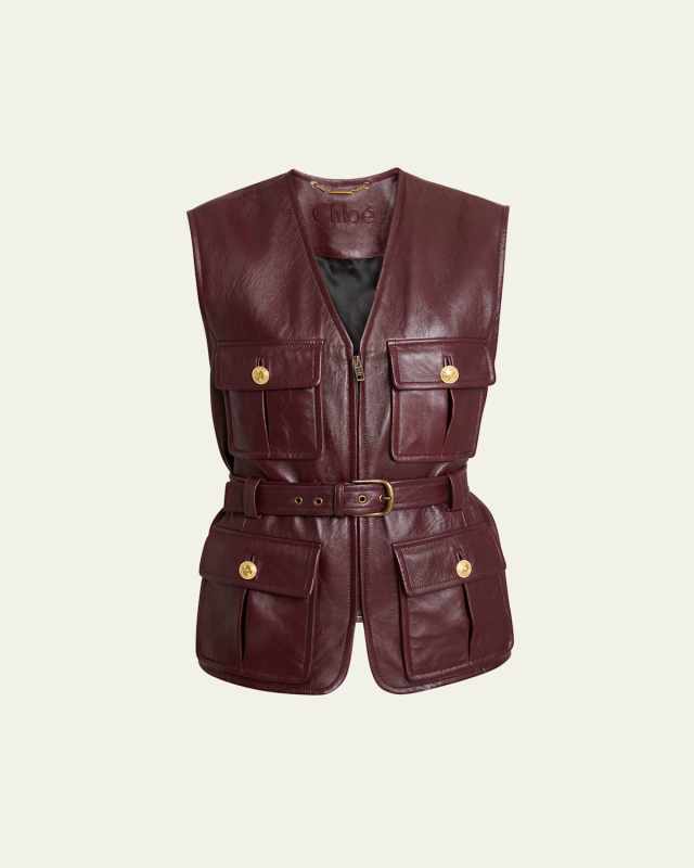 Lambskin Leather Belted Zip Slouch Vest